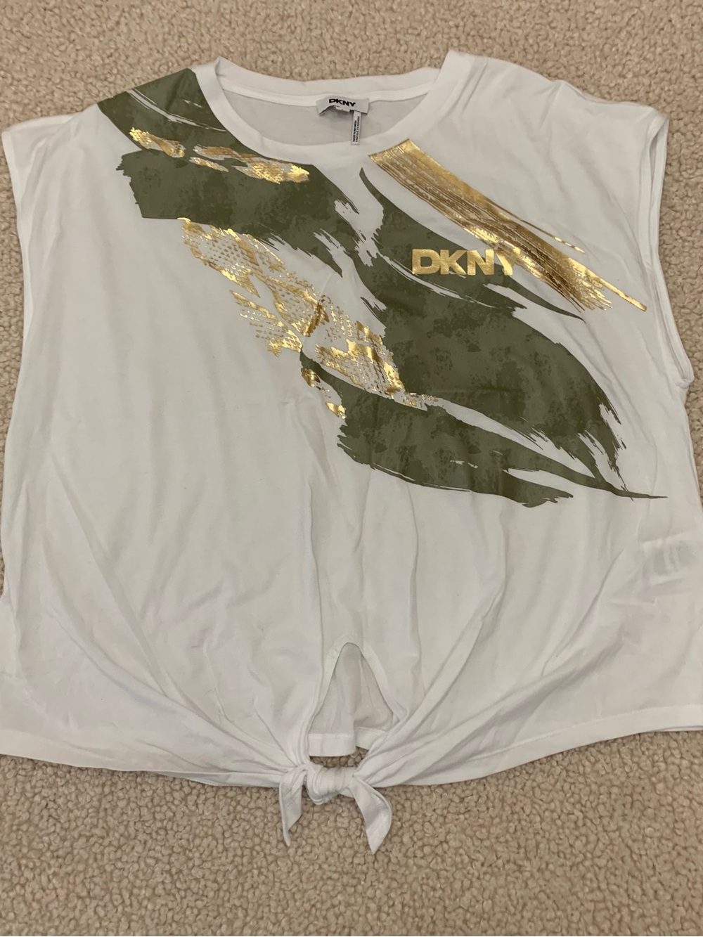 DKNY White Tie-Hem Tee with Olive & Gold Brushprint XL NWT